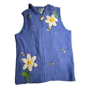 Vtg 1990s Quacker Factory Blue Knit Daisy Bee Embroidered Hooded Zip Up Vest L